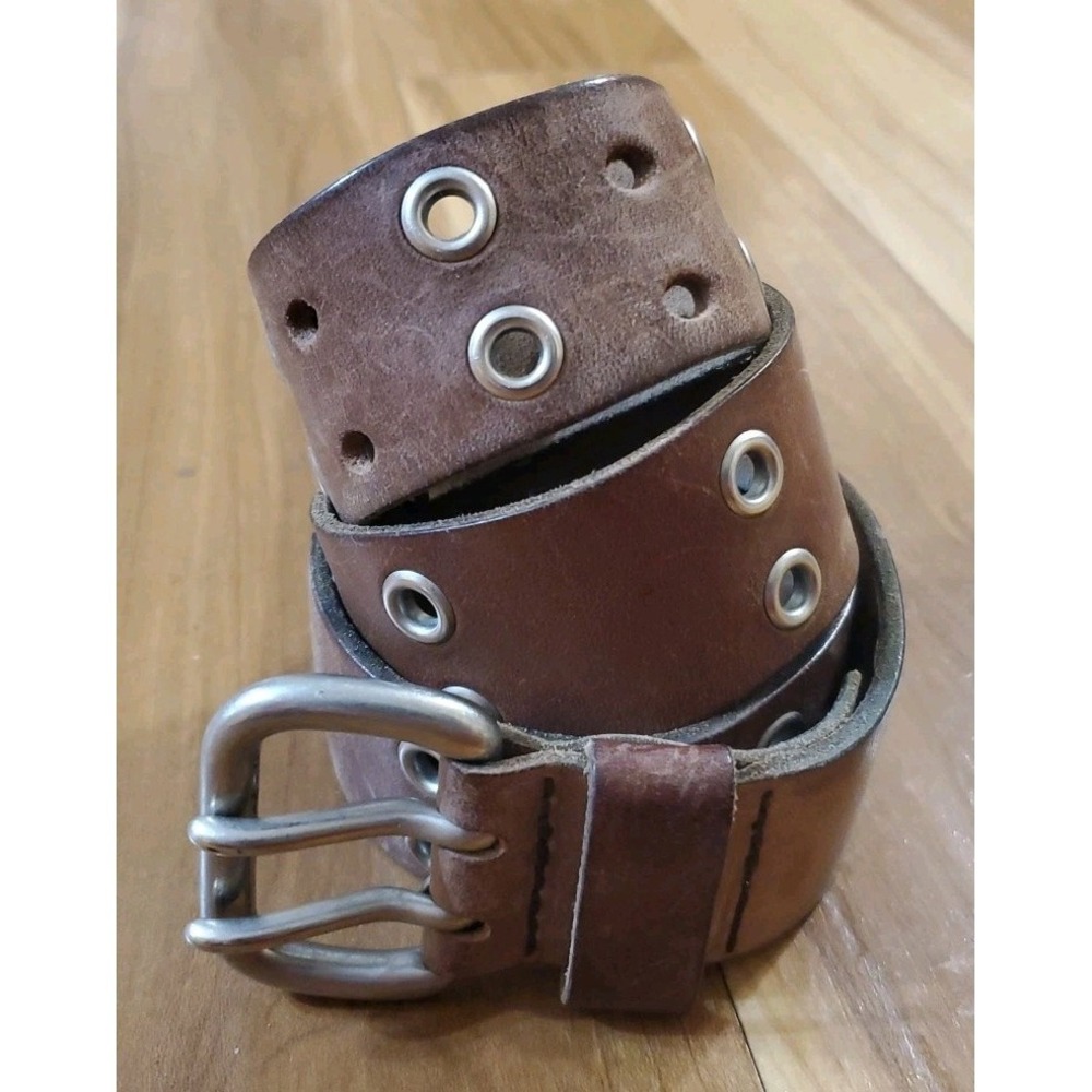 Vtg Leather Belt Double Hole Hippie 70s Size 32 USA Made Brass Buckle Distressed